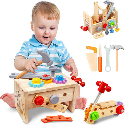 กล่องเครื่องมือไม้แกล้งเล่นชุด Montessori เด็กของเล่นสำหรับเด็กอ่อนนุชถอดสกรูประกอบจำลองซ่อมช่างไม้เครื่องมือ