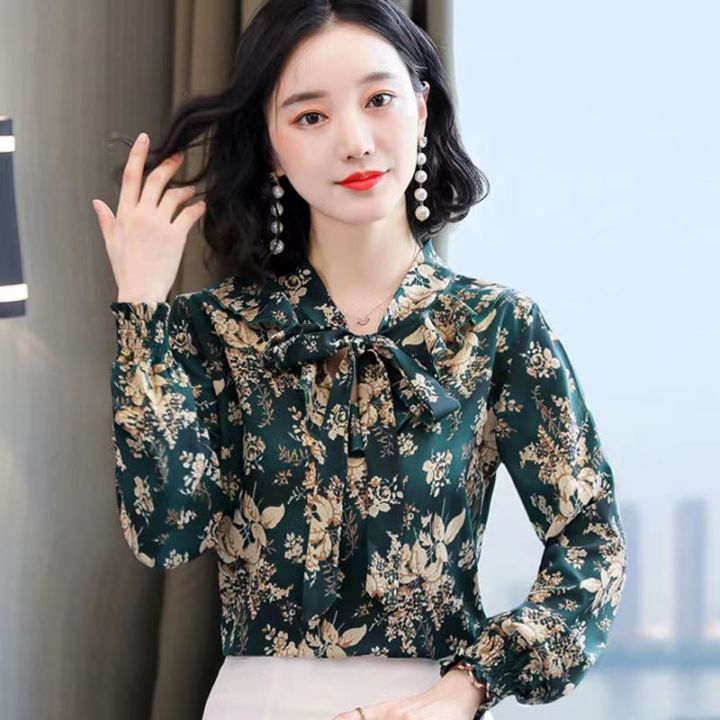 bowknot-ดอกไม้เสื้อชีฟองผู้หญิงลูกไม้ขึ้นแฟชั่นแขนยาวเสื้อชีฟองเกาหลีหลวมเสื้อชีฟองขนาดใหญ่