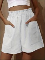 xixibeauty Solid Elastic Waist Shorts, Casual Simple Wide Leg Shorts With Pockets, Womens Clothing