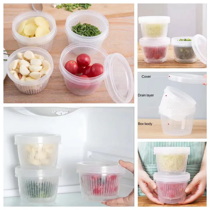 Double layer Round Drain Transparent Food Storage Box Refrigerator food ...