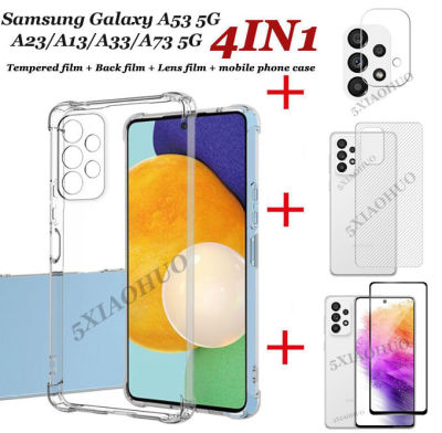 (4in1) เคสโทรศัพท์ Samsung Galaxy A53 5G กระจกนิรภัย Samsung Galaxy A73 A33 A13 A23สี่มุมถุงลมนิรภัย Anti-Drop กรณีโทรศัพท์โปร่งใส + กระจกนิรภัย + ฟิล์มคาร์บอนไฟเบอร์กลับ + เลนส์กล้องฟิล์ม