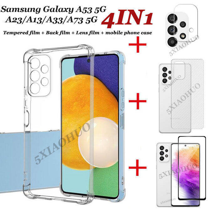 4in1-เคสโทรศัพท์-samsung-galaxy-a53-5g-กระจกนิรภัย-samsung-galaxy-a73-a33-a13-a23สี่มุมถุงลมนิรภัย-anti-drop-กรณีโทรศัพท์โปร่งใส-กระจกนิรภัย-ฟิล์มคาร์บอนไฟเบอร์กลับ-เลนส์กล้องฟิล์ม