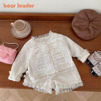 Bear Leader 2023ชุดเสื้อผ้าสำหรับเด็กผู้หญิงฤดูใบไม้ร่วงใหม่เสื้อแจ็กเก็ตแขนยาวผ้าลูกไม้ตาข่าย + ชุดกางเกงขาสั้นสองชิ้นสำหรับ0-6ปี