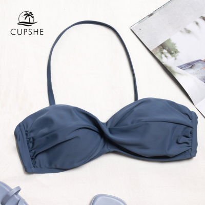 CUPSHE Push Up Bandeau Halter Bikini Top Only For Women Blue Molded Cups Tie Top Swimwear 2022 Separate Swimsuit Beachwear