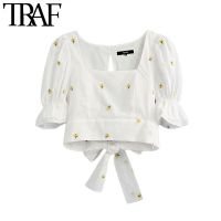 TRAF Women Sweet Fashion Floral Embroidery Cropped Blouses Vintage Pull Sleeve Back Bow Tie Female Shirts Chic Tops