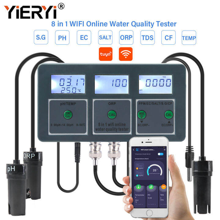 Yieryi WiFi PH meter 8 in 1 Smart Water Quality tester PH/EC/ORP/TDS(PPM)/CF/SALT/S.G