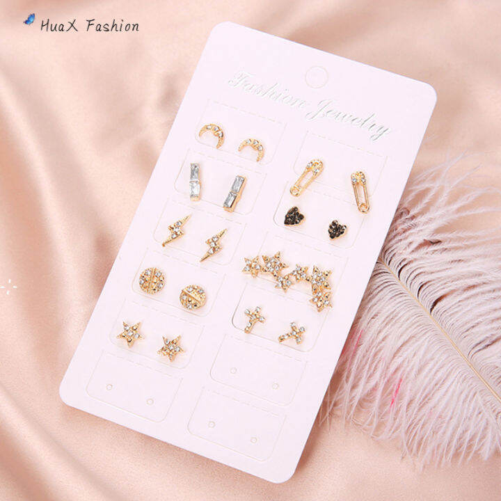 9คู่-ear-studs-เลดี้ต่างหูแฟชั่นชุดเพชรปลอมฝัง-star-moon-รอบรักรูปร่าง