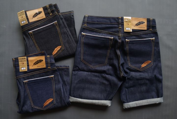 m-jeans-กางเกงยีนส์ขาสั้น-ยีนส์ริมแดง-ผ้าดิบ-ปักขนนก-brand-แท้-เอว-28-44-นิ้ว