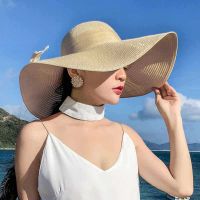 Summer Floppy Sun Hat Women Big Wide Brim Beach Hat Solid Color Travel Foldable Straw Hat Sunscreen UV Protection Panama Sun Cap