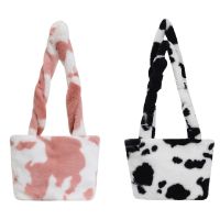 ASDS-2 Pcs Retro Plush Crossbody Bag For Women Shoulder Bags Fluffy Cow Milk Print Handbag Female Warm Fur Bag,Pink &amp; Black