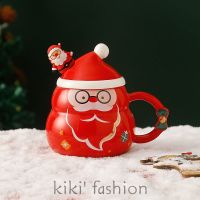 พร้อมส่ง! Christmas ceramic cup with lid spoon large capacity mug cartoon Santa Claus water cup student giftTH