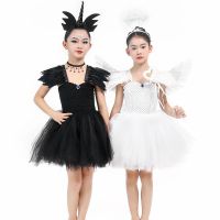 Black Dark Fallen Angel and White Guardian Angel Costume for Girls Kids Christmas Halloween Party Fancy Tutu Dress Up with Wings