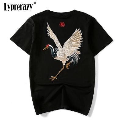 Lyprerazy Streetwear จีนสไตล์ญี่ปุ่น Red-Crowned Crane เสื้อบุรุษแขนสั้นเสื้อยืด Hip Hop เย็บปักถักร้อย Tees