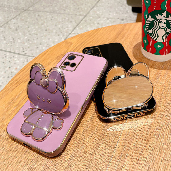 jiefie-น่ารักกระต่ายเคสโทรศัพท์สำหรับ-vivo-y21-y21s-y33s-y21a-y21t-y33t-y53s-y51-y31โครเมี่ยมสุดหรูชุบกล่องสี่เหลี่ยมจตุรัสแต่งหน้า-tpuนิ่มชนิดใสโทรศัพท์-ขาตั้ง