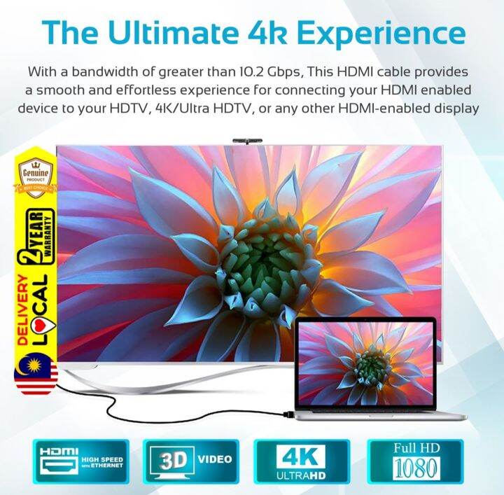 Original Promate HDMI Audio Video Cable • 24K Gold Plated • 4K Ultra HD