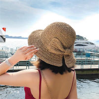 Female Bow Bucket Hat Split Straw Foldable Ladies Women Hat Brimmed Cap Beach Sun Hat