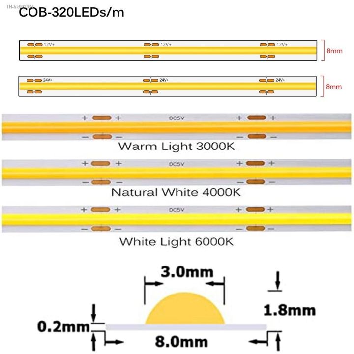 cob-led-strip-light-dc-12v-24v-320led-m-0-5m-5m-high-density-flexible-8mm-fob-tape-light-ribbon-ra90-white-warm-nature-dimmable