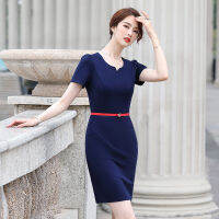 2021 Summer Fashion Womens Clothing Pure Black Short-Sleeved Dress Business Wear V-Neck Jewelry Shop Beauty Salon Work Clothes