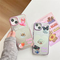 เคสใหม่สำหรับ IPhone 11 12 13 14 Pro Max เคสกระจกแมวการ์ตูนน่ารักและสุนัขฝาหลังไฟฟ้าคู่เคสโทรศัพท์ทนต่อแรงกระแทก