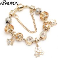 BAOPON สร้อยข้อมือและกำไลสีทอง,กำไลข้อมือสำหรับผู้หญิงพร้อมจี้ลูกปัดแก้วมูราโน่คุณภาพสูงของขวัญวันเกิดแบบทำมือ