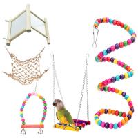 Parrot Swing Toys for Cage, Hanging Hammock Swing with Mirror Toy, Wooden Ladders Hammock , Colorful Habitat Platform for Small Parakeets Cockatiels Conures Macaws Parrots