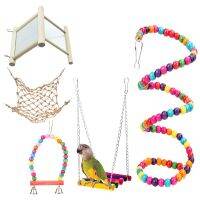 Parrot Swing Toys for Cage, Hanging Hammock Swing with Mirror Toy, Wooden Ladders Hammock , Colorful Habitat Platform for Small Parakeets Cockatiels Conures Macaws Parrots