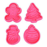 4 Pcs Christmas Biscuits Cutters Set Christmas Tree Snowman Gingerbread Egg Stamper Spring Loaded Handle Cutter