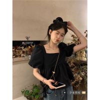 High Sense Of French The Hubble-Bubble Sleeve Shirt Female Summer New Easing Short Black Doll Blouse With Short Sleeves