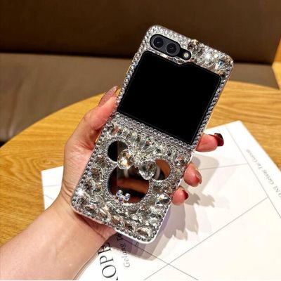 Luxury Rhinestone Cute 3D Mouse Mirror Phone Case For Samsung Galaxy Z Flip 5 4 3 Fashion Water Drop Diamond Hard PC Back Cover Phone Cases