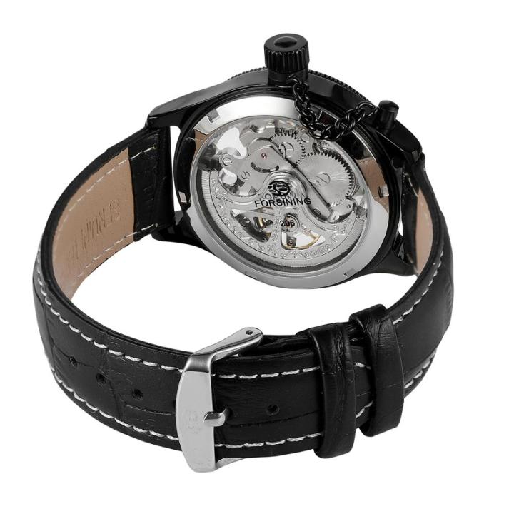 men39ลำลอง-s-นาฬิกาเคสกลมสีดำและหน้าปัดสีน้ำเงินสายหนังสีดำมืออัตโนมัตินาฬิกากลไกวันหยุด