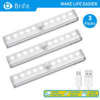 Brifit 3 ชิ้น Motion Sensor ไฟ 10 LED Senor ไฟกลางคืน USB ชาร์จตู้เสื้อผ้าแถบแสงที่มีแถบแม่เหล็ก