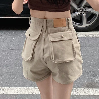 SUZZIN กระเป๋าขนาดใหญ่ Workwear กางเกงยีนส์เอวสูงแฟชั่นสะโพกยกกางเกงขาสั้นตรงผู้หญิง