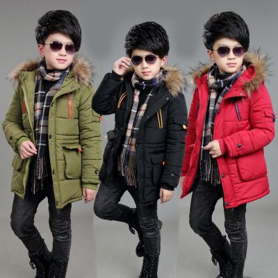 Big Size Winter Teenager Boys Jacket Mid-Length Plus Velvet Thickening Keep Warm Down Cotton Hooded Outerwear For 4-14 Years Old