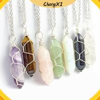 CHONGXI เครื่องประดับแฟชั่น ไทเกอร์อาย ทรายสีฟ้า หินธรรมชาติ จี้หินพันลวด โรสควอตซ์ สร้อยคอคริสตัลทรงกระบอกหกเหลี่ยม