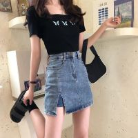 COD ☜☁ qafh47 Denim mini skirt skorts high waist A-line bodycon split plus size large size fit plain blue jeans short skirt shorts