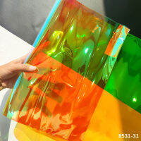 Lridescent Holographic เลเซอร์ฟิล์มไวนิลใส PVC ผ้า Faux หนังแผ่นสำหรับเย็บกระเป๋าต่างหู DIY Crafts