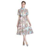 Women Dress Spot Real  Elegant short  Sleeve  vintage Printed Midi Dress