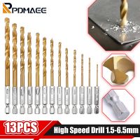 13PCS High Speed Steel Titanium Coated Drill Bit Set 1/4 Hexagonal Shank 1.5-6.5mm Twist Drill Bit Woodworking Drill Bit