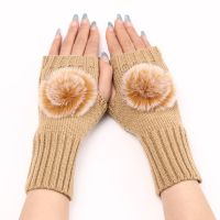 Trendy Striped Half Finger Sleeves Women Fake Mink Hairball Long Fingerless Knitted Mittens Arm Warmers