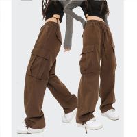 Cargo pants women retro casual straight pants street fashion wide leg pants large pocket draw rope couple loose trousers womens