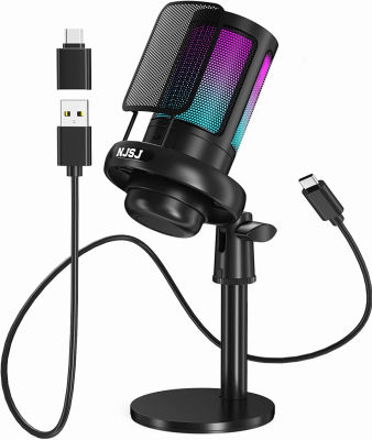 NJSJ USB Microphone for PC, Gaming Mic for PS4/ PS5/ Mac/Phone, Condenser Microphone with Touch Mute, Brilliant RGB Lighting, Gain knob &amp; Monitoring Jack for Recording, Streaming, Podcasting, YouTube