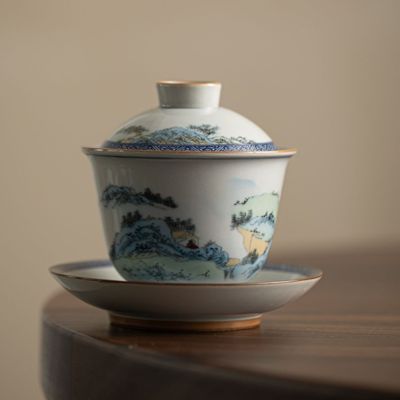 โบราณ Gaiwan สำหรับชาเซรามิกภูมิทัศน์หม้ออบที่มีฝาปิด T Eaware จีนถ้วยชาเซรามิกชาม Chawan ลิลลี่เติ้งของร้านค้า