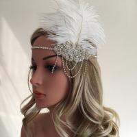 LazaraLife 1920 s VINTAGE Rhinestone ที่คาดผมวัยรุ่น Headpiece พร้อมขนนกสีขาว