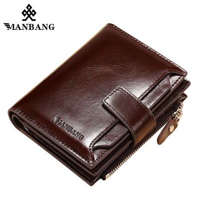 （Layor wallet）  ManBang Hot Sale Wallets Man Short Genuine Leather Card Holder Snap Brand Mini Purse Folding Designer Coin Bag Male High Quality