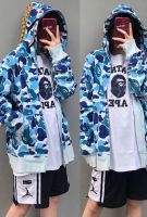 BAPE เสื้อสเวตเตอร์มีฮู้ดลายพรางหัวฉลามมีฮู้ดเสื้อสเวตเตอร์ถักกำมะหยี่ฤดูใบไม้ร่วงและฤดูหนาวมีซิปรุ่นคู่