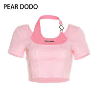 PEAR DODO เสื้อยืดแขนสั้นสำหรับผู้หญิงเสื้อยืดแขนสั้นเอวแขวนคอสุดเซ็กซี่เกาหลี