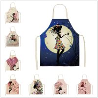 1Pcs Flower Butterfly Girl Printed Kitchen Aprons Home Cooking Baking Waist Bib Cotton Linen Pinafore 68x55cm/47x38cm