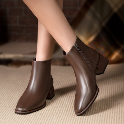 Sepatu BOOT Pendek รองเท้าส้นหนามีซิป2022,รองเท้าผู้หญิงสไตล์อังกฤษสีน้ำตาลรองเท้าหนังนิ่มสำหรับฤดูใบไม้ร่วง/ฤดูหนาว