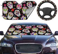 {Automobile accessories} กะโหลกศีรษะน้ำตาลชุดที่บังแดดด้านหน้าและพวงมาลัย2ชิ้นติดตั้งง่ายอเนกประสงค์เหมาะสำหรับรถบรรทุกตู้ SUV รถยนต์