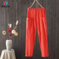 ∋⊕ Plus Size Cotton and Linen Cropped Trousers Women Korean Style Loose High-waist Trousers